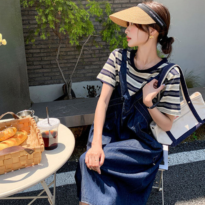 ボーダーシャツドッキングデニムワンピース