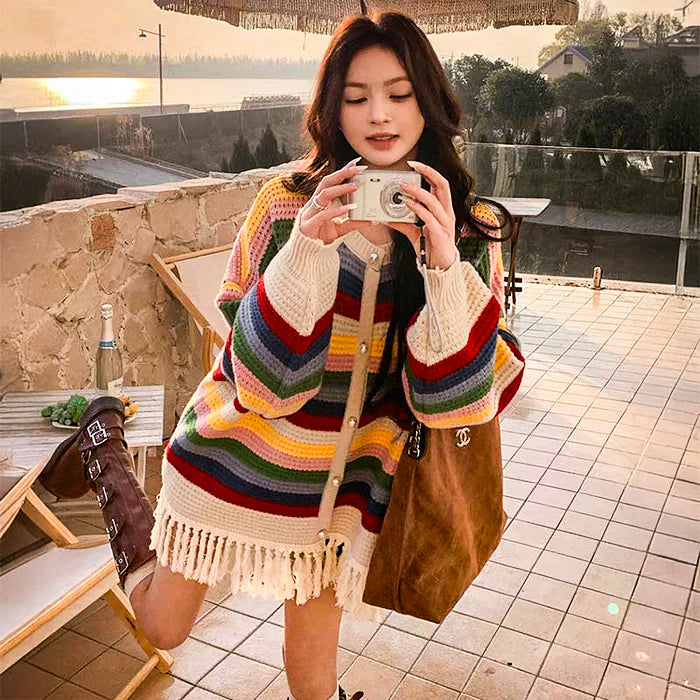 マルチボーダーフリンジカーディガン