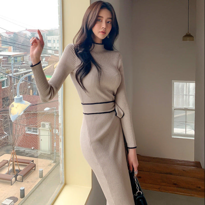 バイカラーラインミドルネックワンピース(2colors)