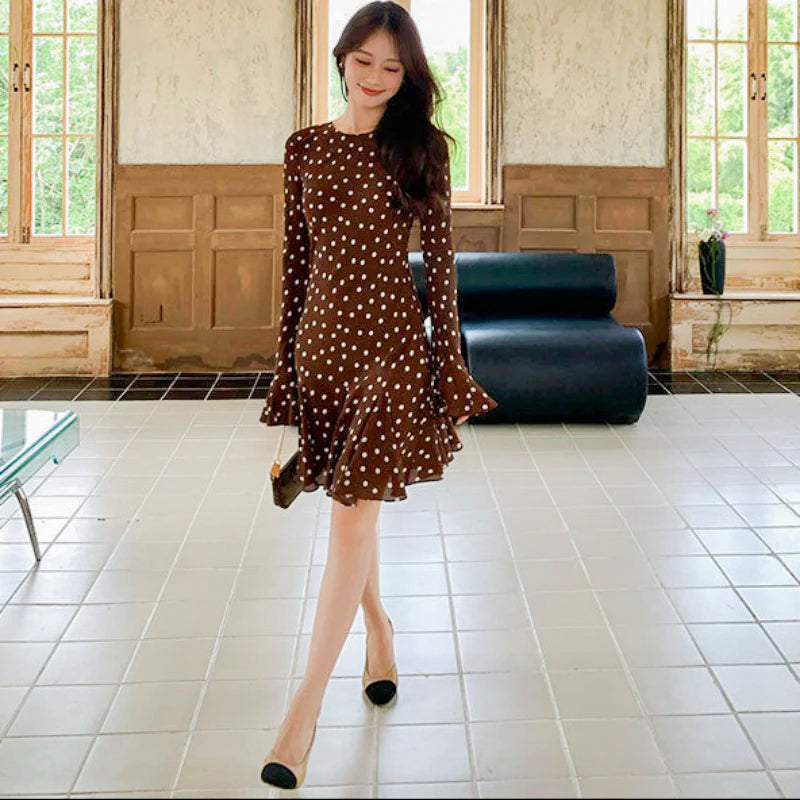 ドットプリントミニ丈ブラウンワンピース (茶・白) 秋/冬/春