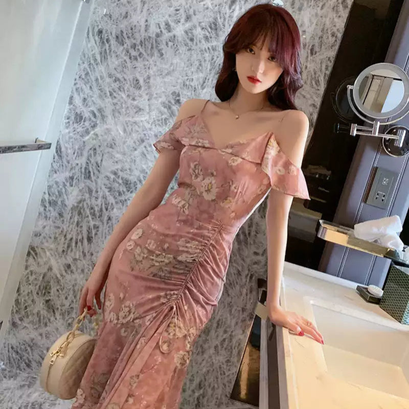 シフォンフラワープリントドレス