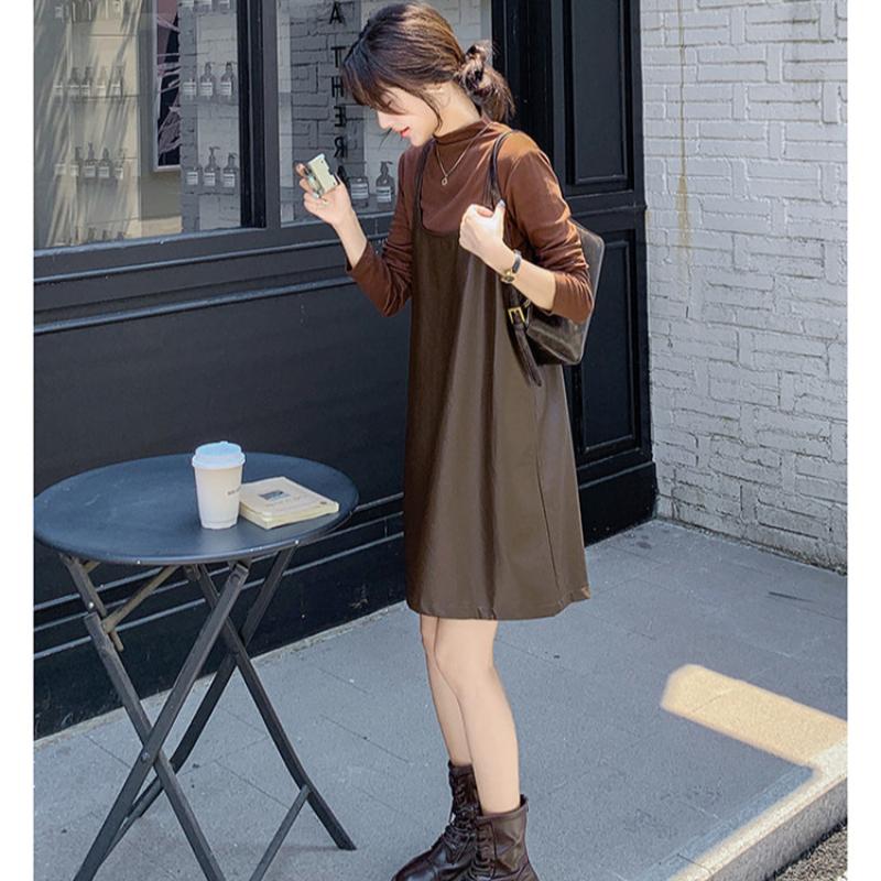 タートルトップス×PUレザーワンピースセット(2colors)