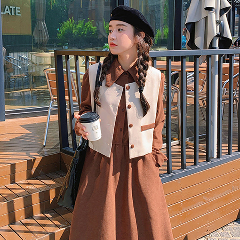 【即納】2WAYバイカラーベスト×ワンピースセット