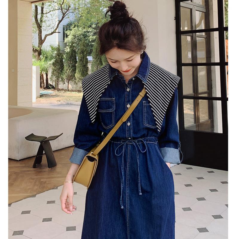 ストライプスカーフ付きデニムワンピース