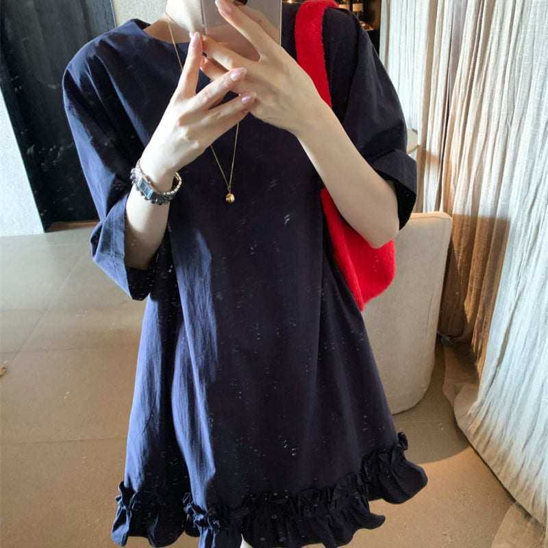 ネイビー5分袖ショート丈フリルワンピース