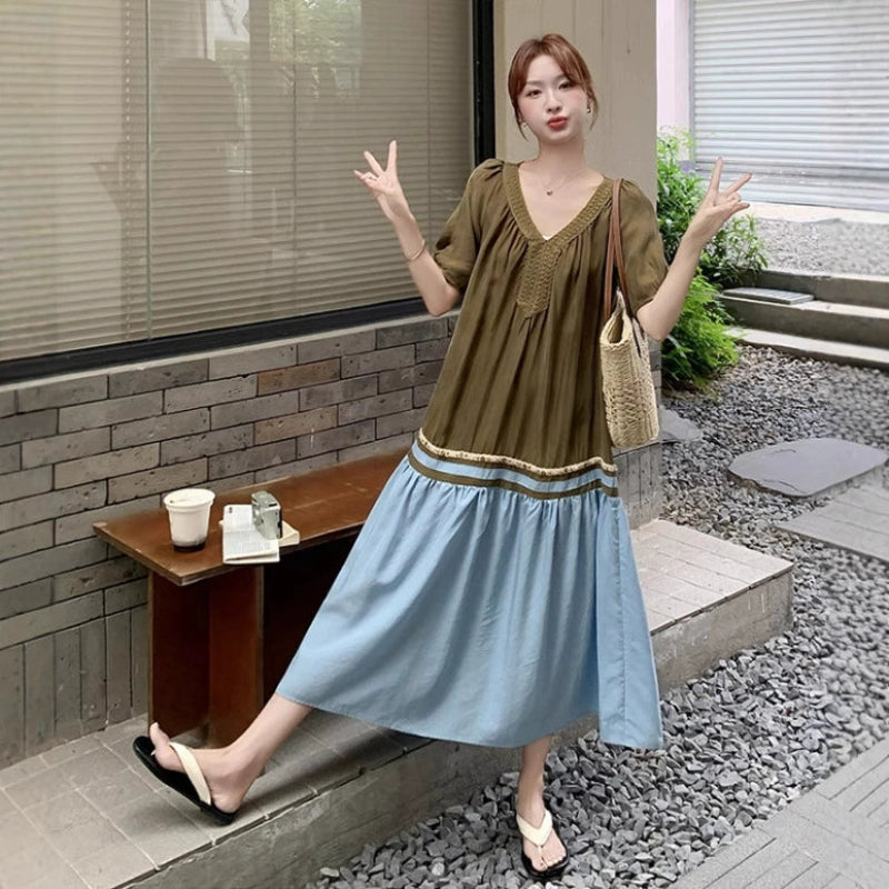 【即納】アースカラー配色ワンピース