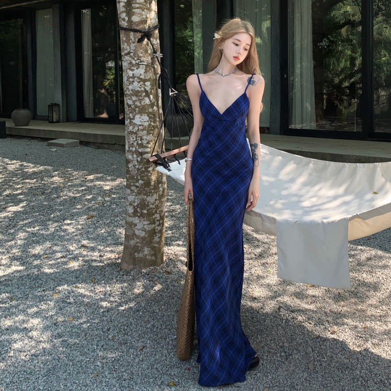 ブルーチェック Vネック バックレスキャミワンピース