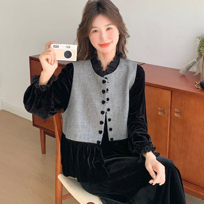 エレガンスベルベットベスト×トップス×スカート3点セット