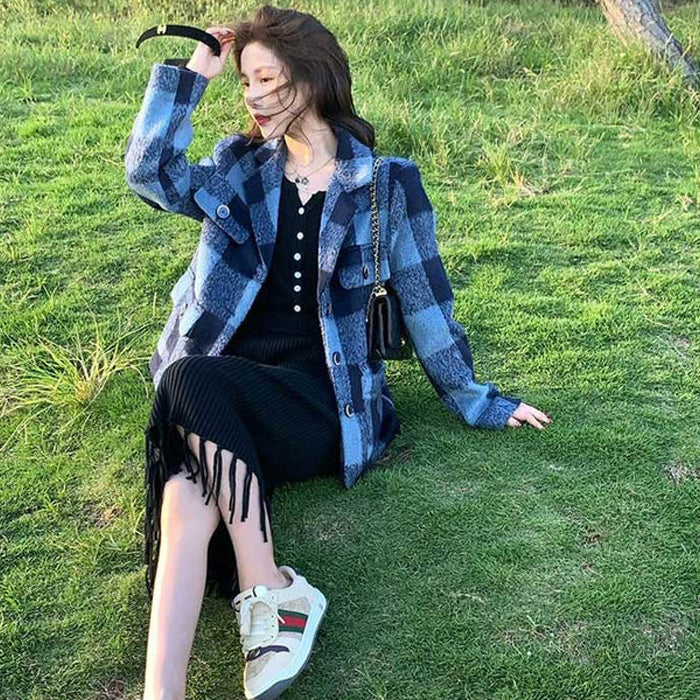 チェックシャギーコート