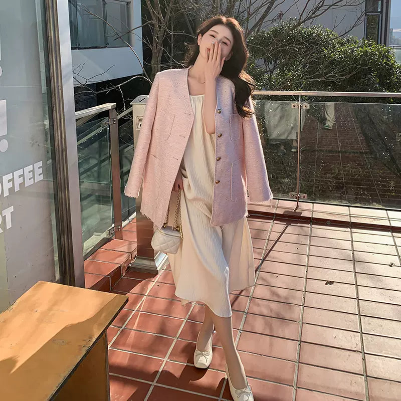 エレガントノーカラーツイードジャケット(3colors)