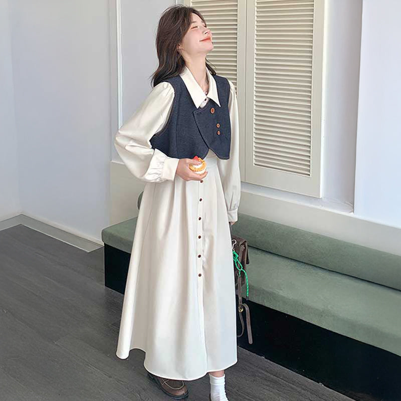 デニムショートベスト×シャツワンピース