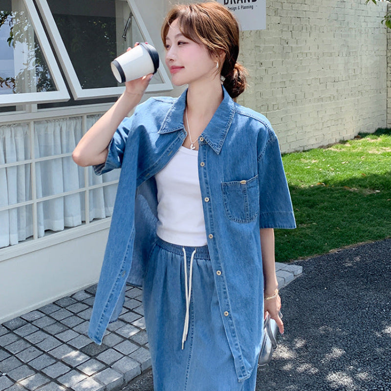 デニムシャツ×スカートセットアップ