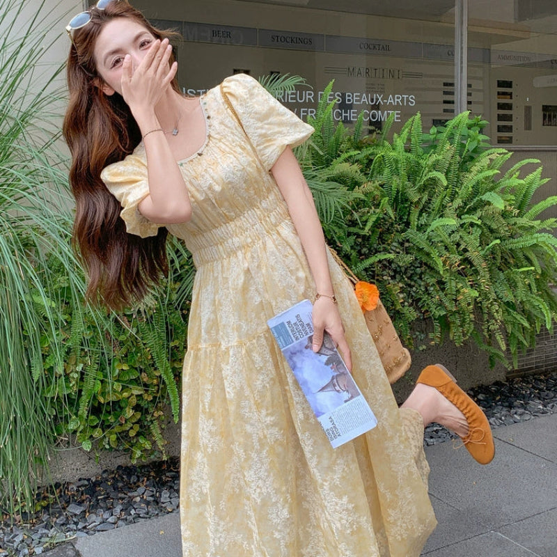 クリームイエローパフスリーブワンピース