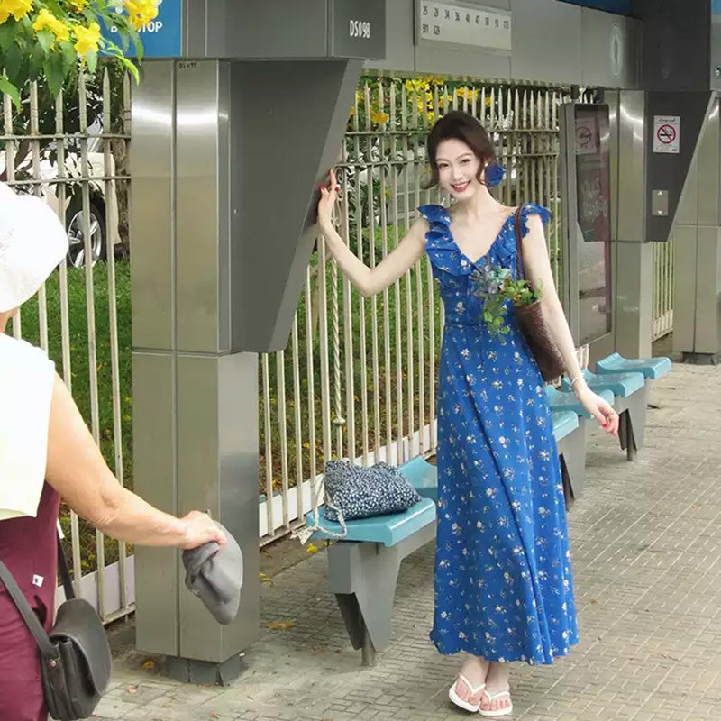 Vネックフリル花柄ロングワンピース