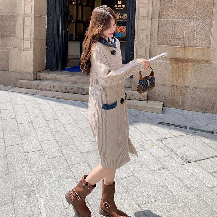 フード付きケーブルロングカーディガン