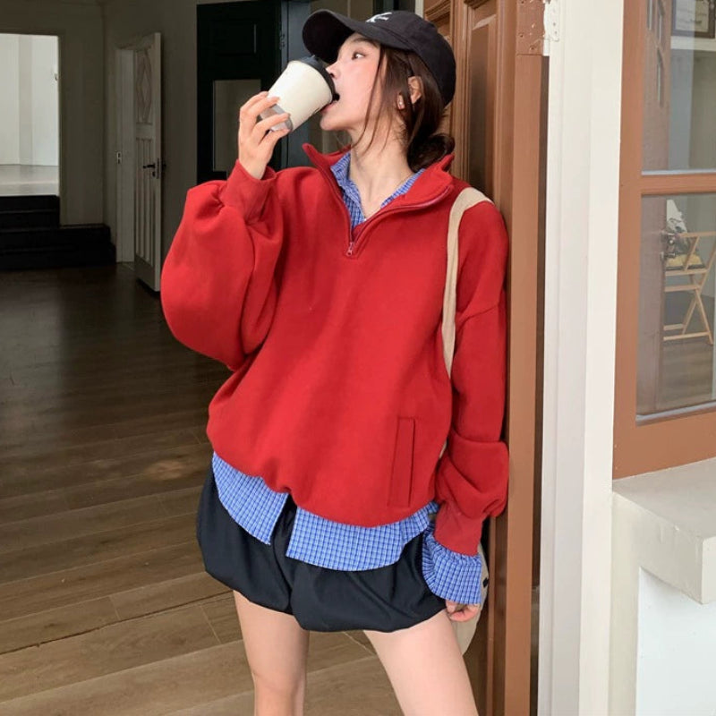 ハーフジップスウェット×チェックシャツ