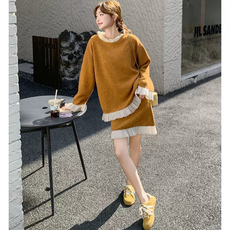 レースデザインニットトップス×ミニスカート(2colors)