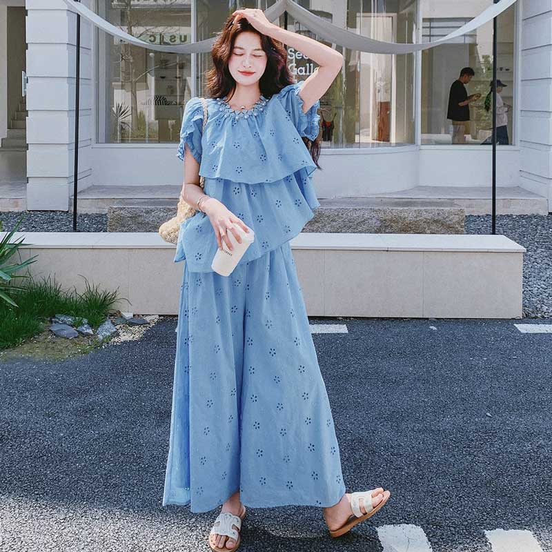 IKUKO フラワーセットアップ ブルー フラワーカットレースセットアップ（青）春/夏 可憐なパンチングカット