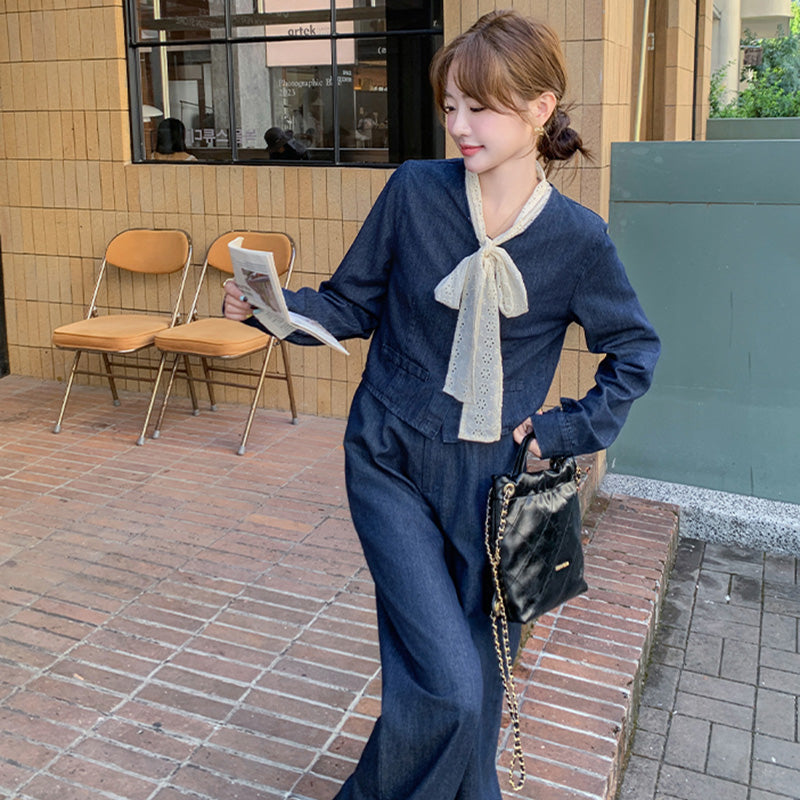 レースリボン付きデニムスーツジャケット×ワイドパンツ