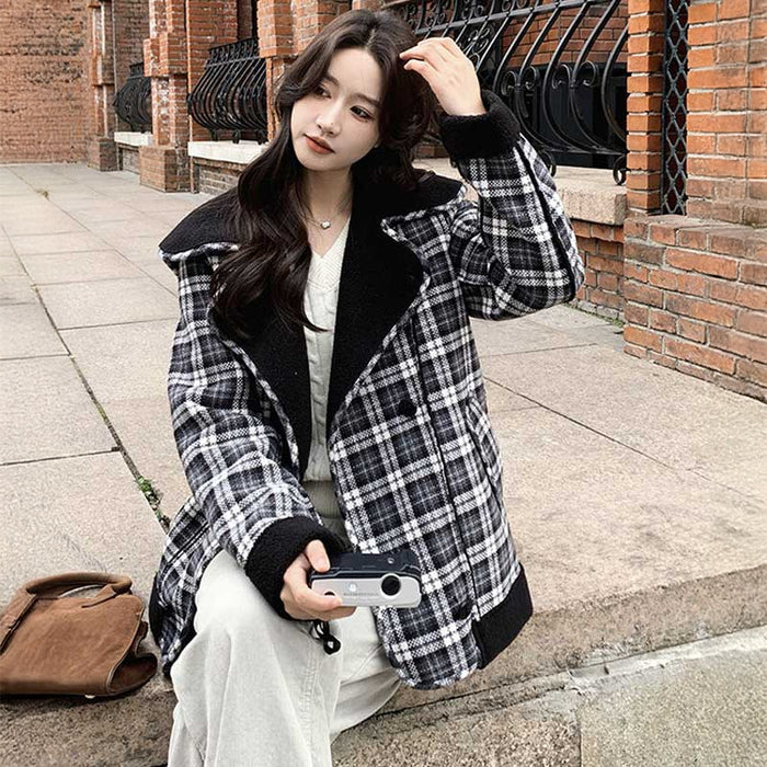 ボア裏ビッグカラーチェックコート