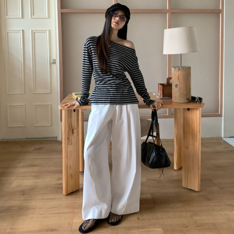 オフショルダーボーダーロングTシャツ