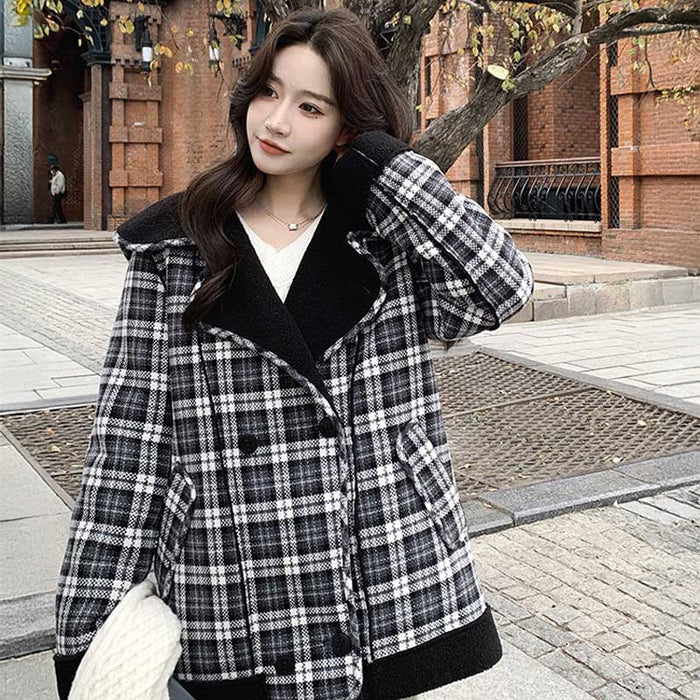 ボア裏ビッグカラーチェックコート