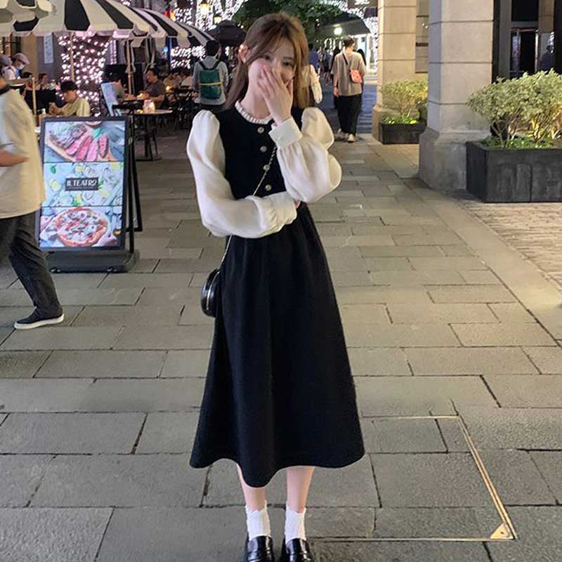 パフスリーブ切替ロングワンピース