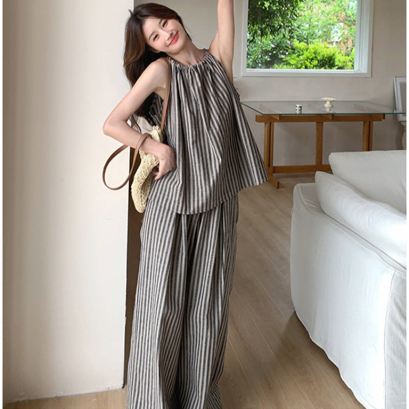 ストライプホルターネックトップス×パンツセット