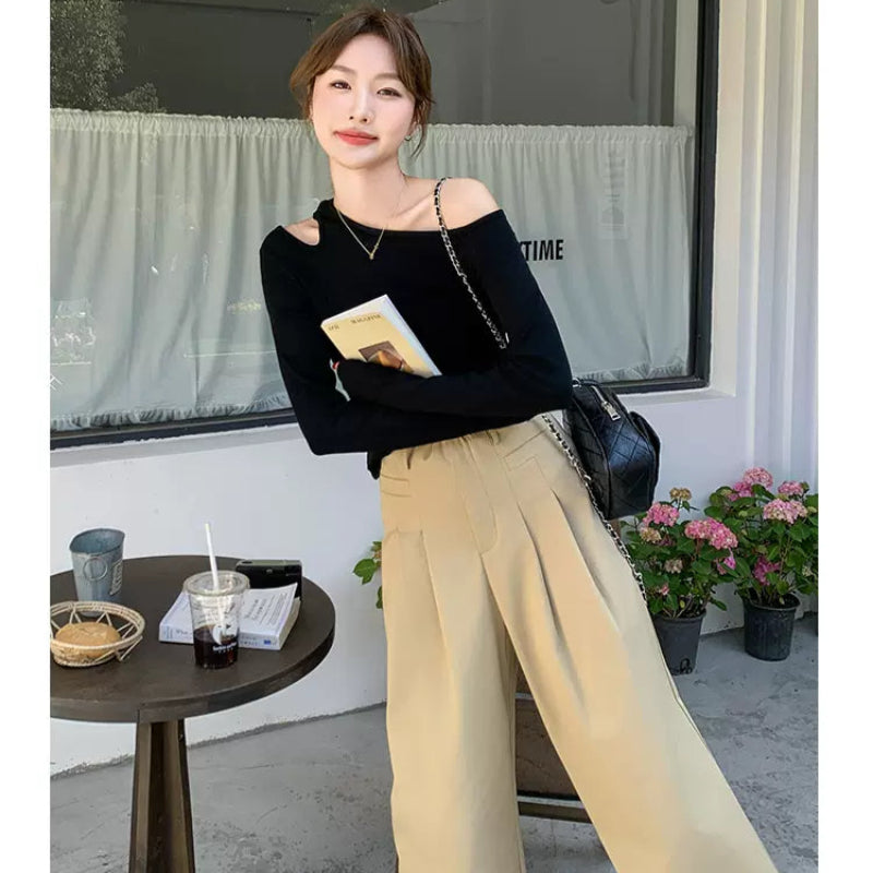 オフショルダーカットソー×ワイドレッグパンツコーデセット