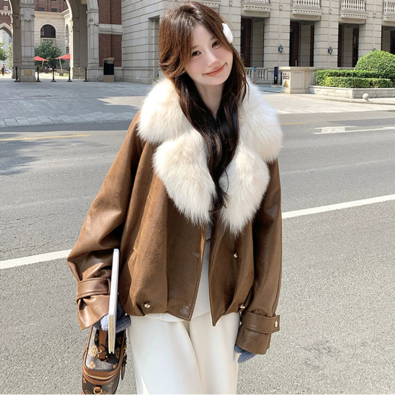 フェイクファーカラーPUジャケット（茶・白）秋/冬/春 ワンランク上の