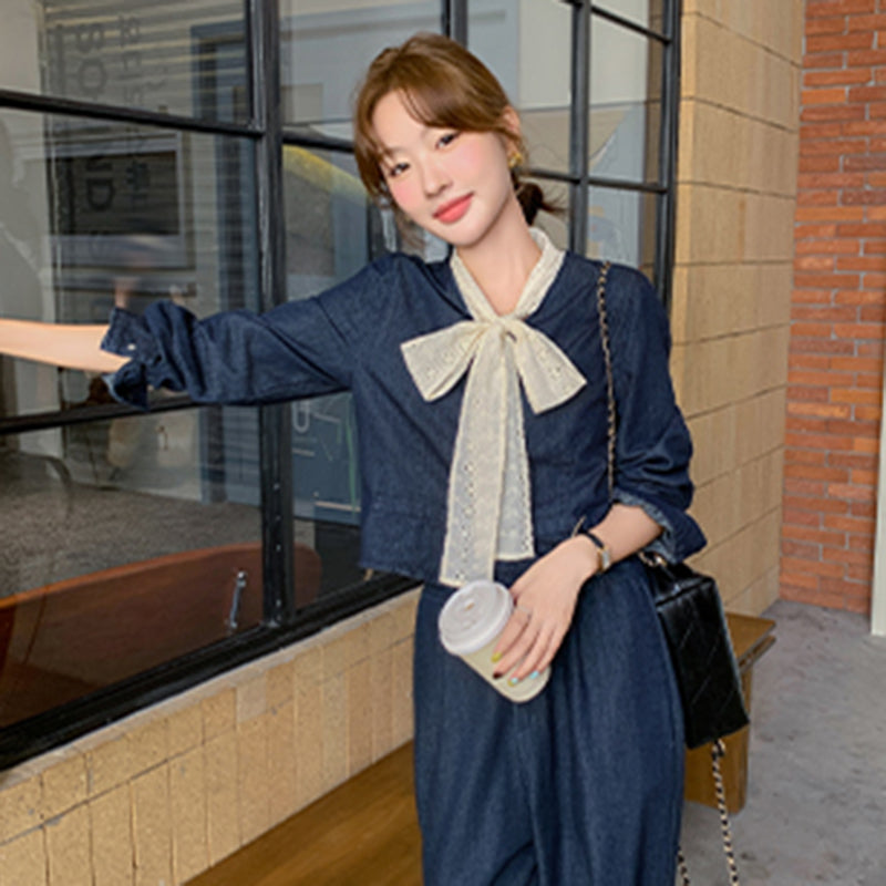 レースリボン付きデニムスーツジャケット×ワイドパンツ