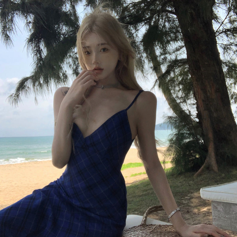 ブルーチェック Vネック バックレスキャミワンピース