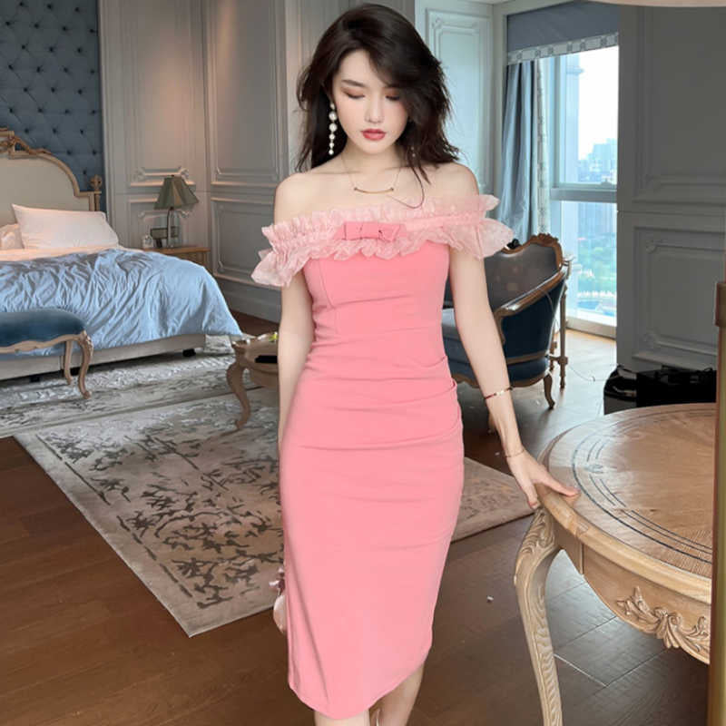 フロントリボンシアーフリルコンビオフショルダーペンシルワンピース