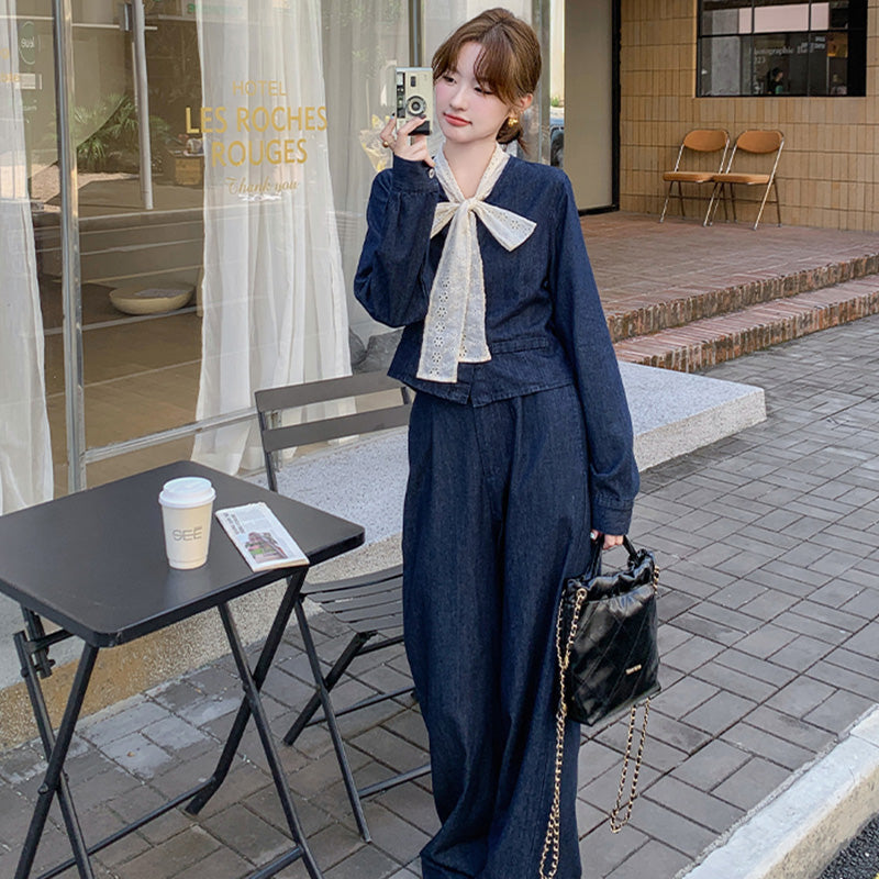 レースリボン付きデニムスーツジャケット×ワイドパンツ