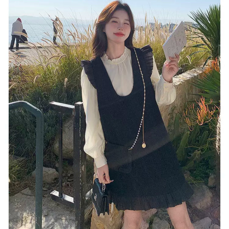 スタンドフリルブラウス×ポーチデザインワンピースセットアップ