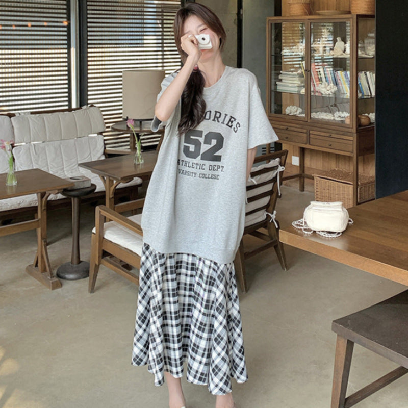Tシャツ×チェックスカートドッキングワンピース