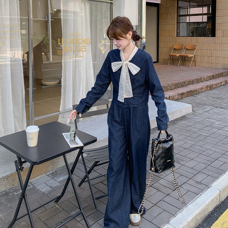 レースリボン付きデニムスーツジャケット×ワイドパンツ