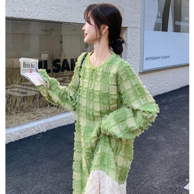 グリーンエンボスチェックワンピース