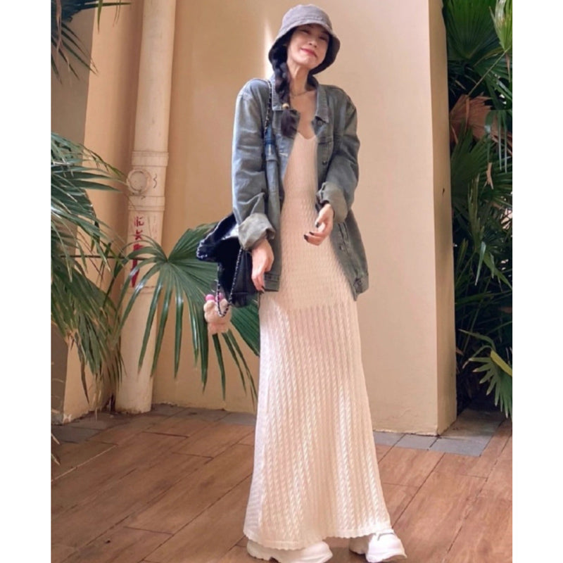 ビックシルエットデニムシャツ×ニットワンピース