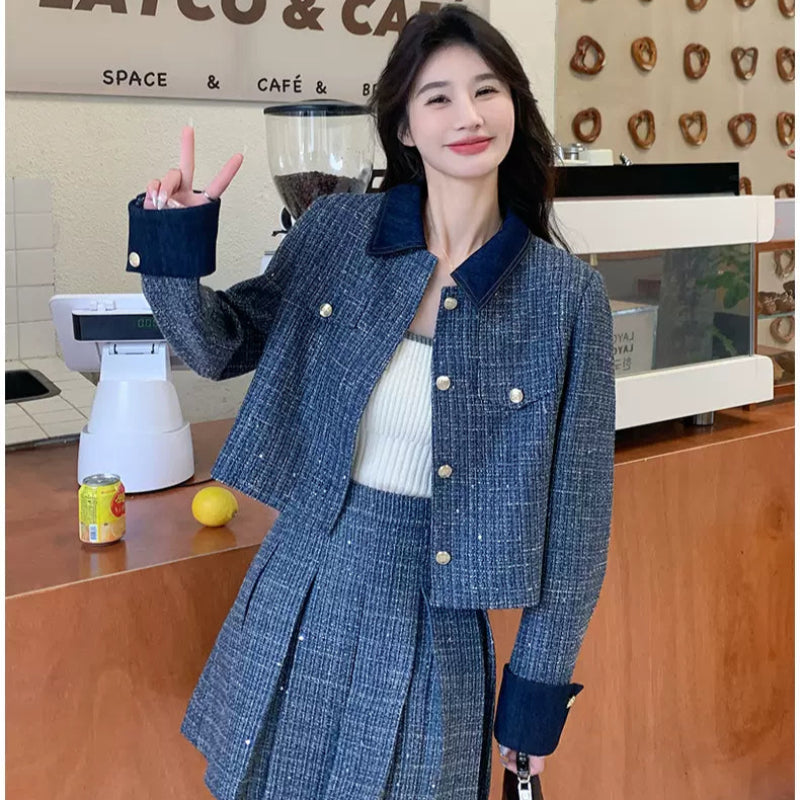 レトロブルージャケット×プリーツミニスカートセット