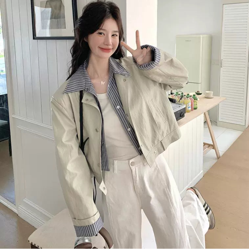 ストライプシャツドッキングPUレザージャケット