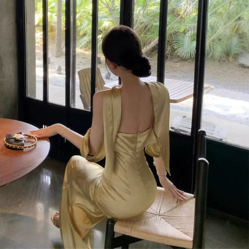 リボンショルダーロングドレス