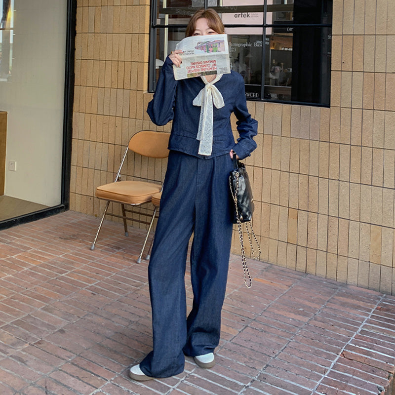 レースリボン付きデニムスーツジャケット×ワイドパンツ