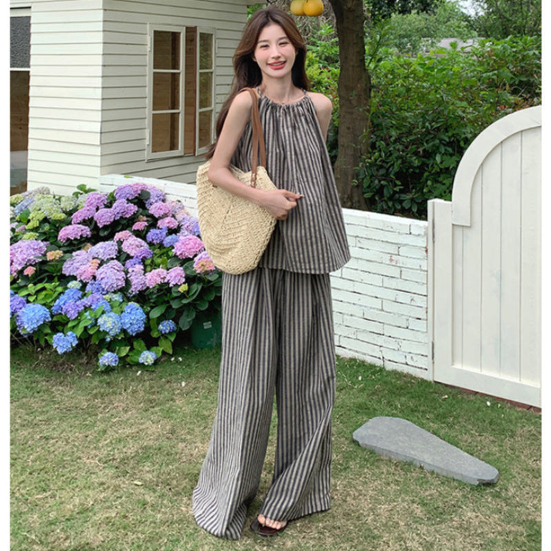 ストライプホルターネックトップス×パンツセット