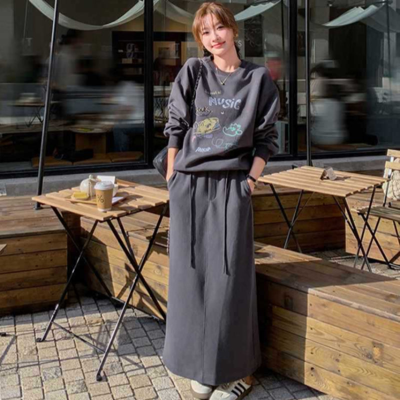 プリントトップス×バックスリットスカートスウェットセット