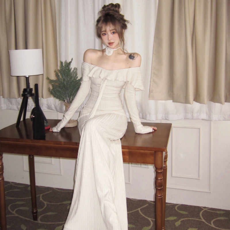 フェミニンオフショルダーリボンフリルスリットドレス