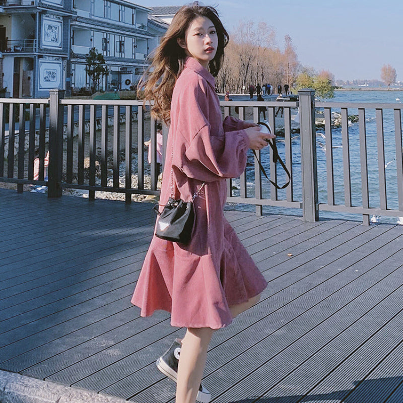 コーデュロイショート丈ワンピース