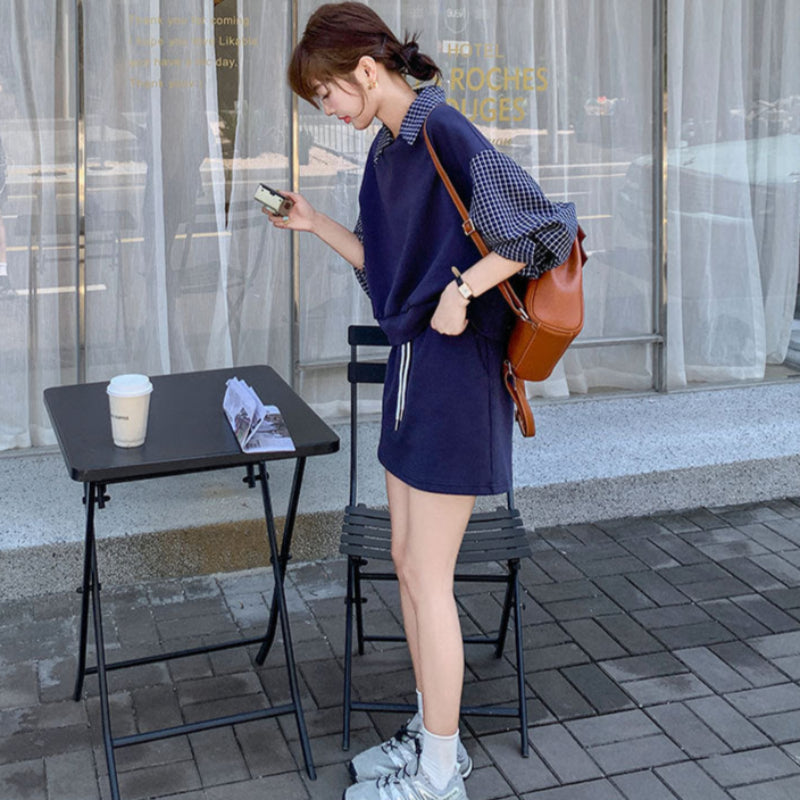 ブルーチェックレイヤードスウェットスカートセット