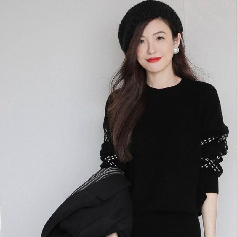 ステッチスリーブニット×スカートツーピースセット(3colors)