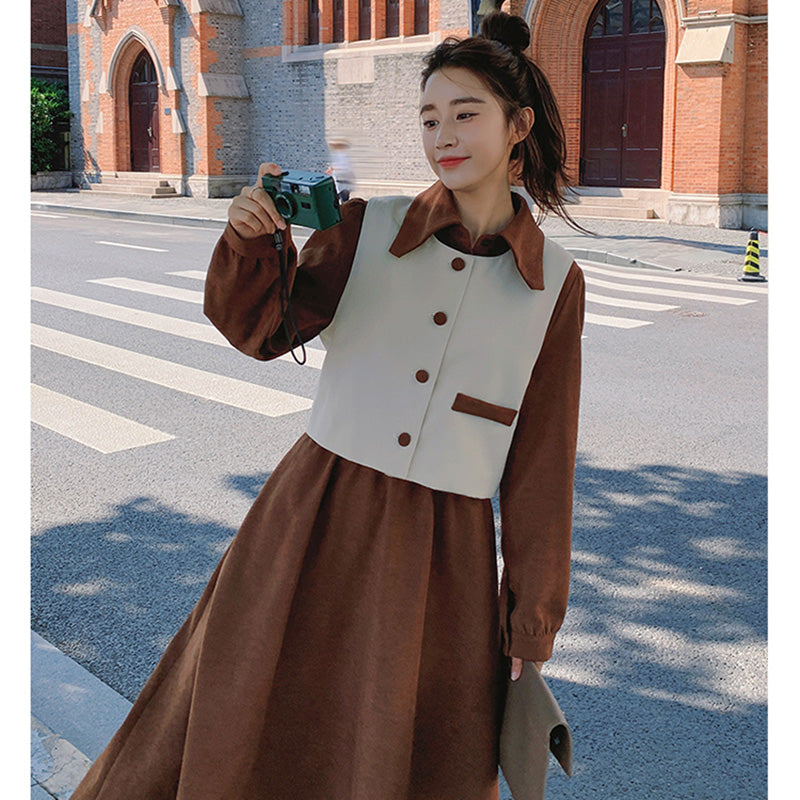 【即納】2WAYバイカラーベスト×ワンピースセット